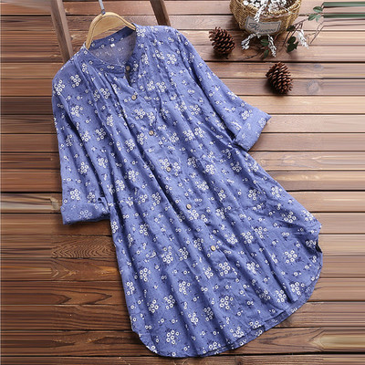 Women Long Shirts Blouse Cotton Tops Ladies小碎花女长衬衫5XL