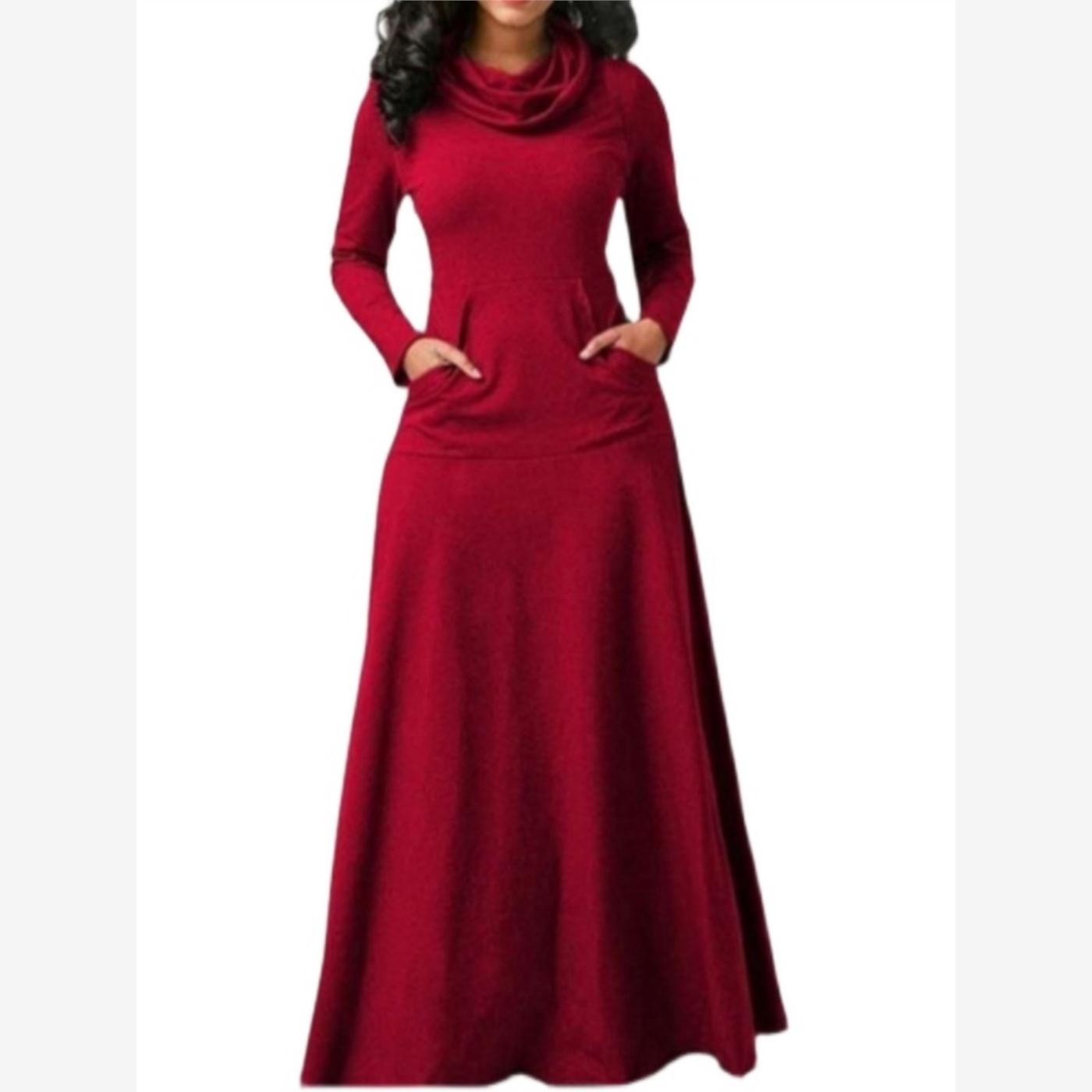秋冬欧美长袖口袋中长款连衣裙winter autumn long dress women