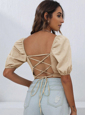 Women's ins square neck open back bandage T-shirt open n