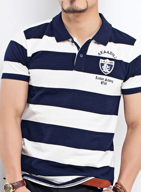 Summer Men's Casual Polo Shirt 夏季男士条纹短袖T恤翻领体恤男