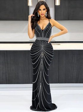 Big size Dress Solid Beading Sexy Celebrity Party Maxi Dress