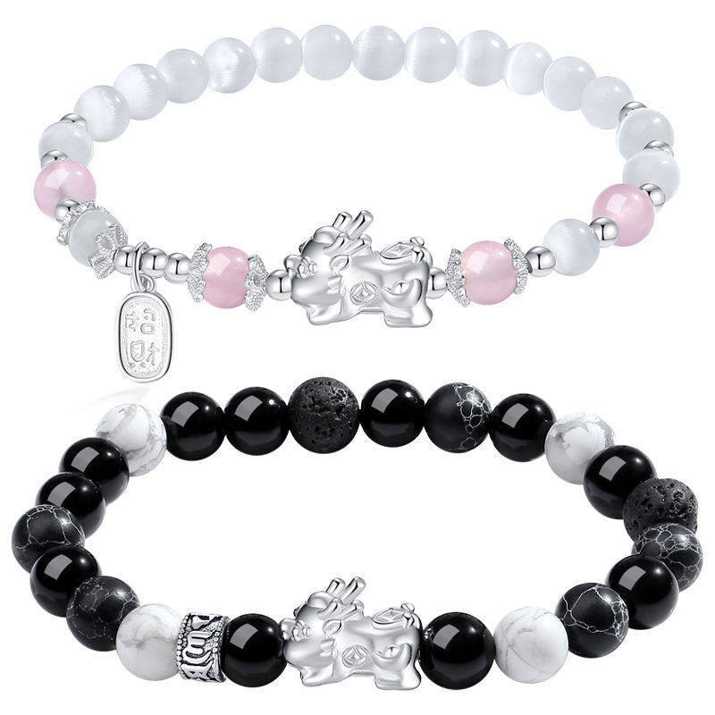 Hot selling silver Pixiu bracelet for couples, obsidian lig