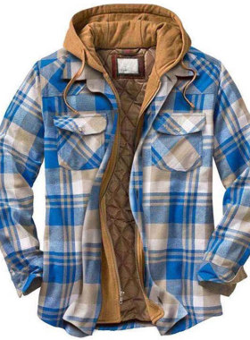 Thick Cotton Plaid Mens Hooded Jacket 加厚棉衣男格子连帽夹克