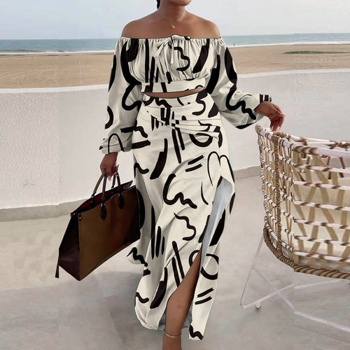 two pieces dress big size print dress top skirt suits 印花裙
