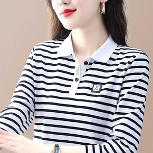 黑白条纹长袖t恤女棉纯翻领2023秋装新款中年妈妈上衣带领打底衫