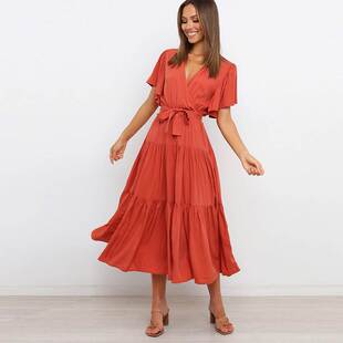 欧美风波西米亚春夏深V系带腰带收腰糖果色短袖 连衣裙荷叶边长裙