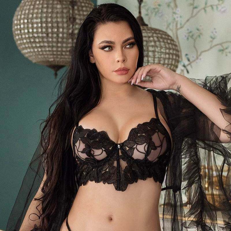 欧美大码性感超薄内衣法式钢圈蕾丝大胸黑色文胸情趣薄款镂空上托
