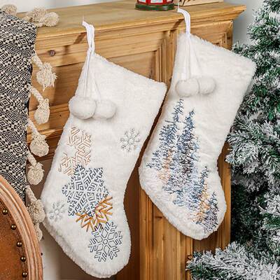 White Plush Christmas Stocking Wool Ball Embroidery Snowflak