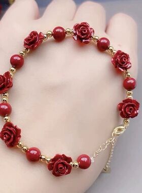 女款复古朱砂雕刻手链学生版玫瑰花diy配件手镯女款精致