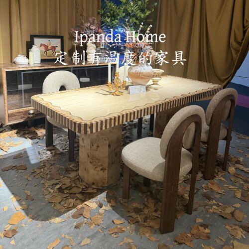 中古风实木黄洞石餐桌法式复古高级感家用客厅设计师款长方形桌子