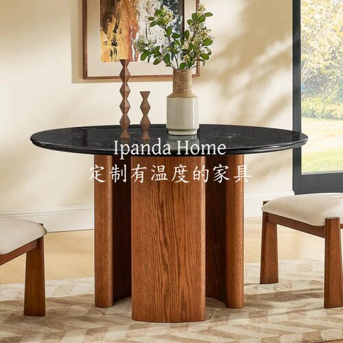 中古风黑色天然大理石实木圆餐桌