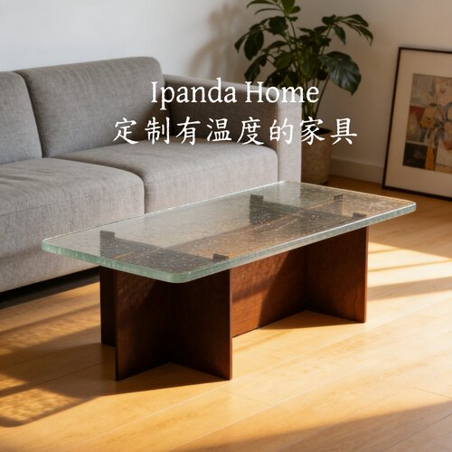 中古风实木玻璃长方形茶几法式复古高级感家用客厅长桌茶桌咖啡桌
