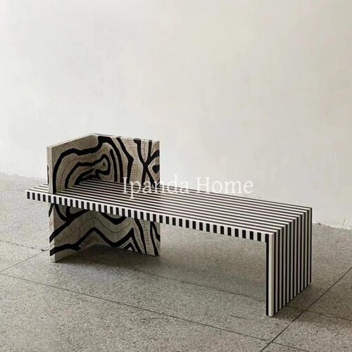 中古实木黑白条纹长条凳艺术彩绘