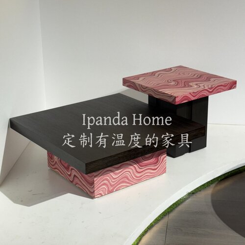 中古风实木粉色彩绘艺术茶几组合