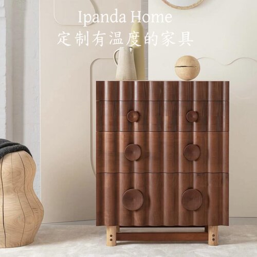中古风实木波浪纹床头柜法式复古高级感家用客厅设计师款储物柜子