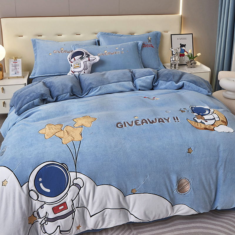 宇航员男高端牛奶绒四件套冬季加厚被套双面珊瑚绒儿童床上三件套