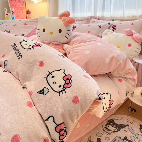 加厚保暖牛奶绒被套卡通三件套女