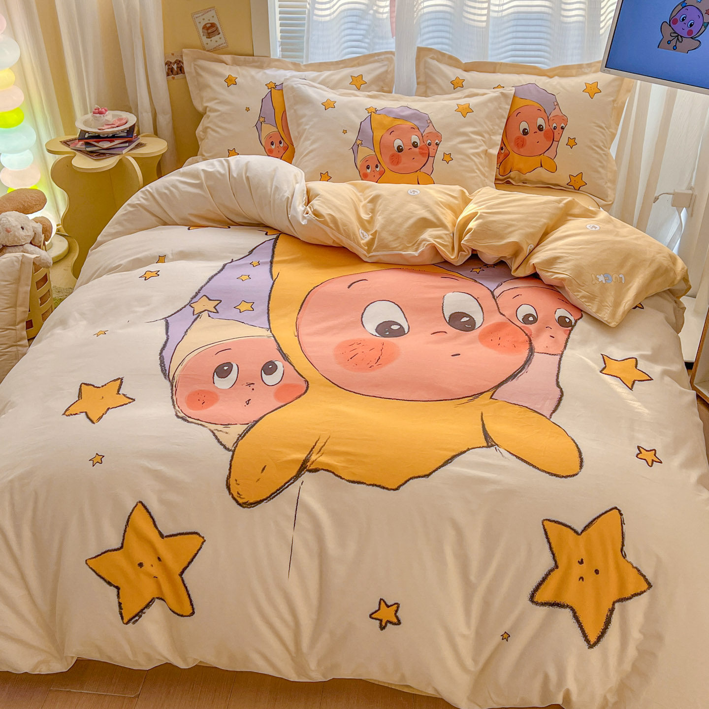 星星人卡通全棉床品四件套纯棉儿童被套床单笠学生宿舍床上三件套