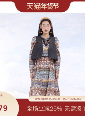 PIT复古风拼接碎花收腰连衣裙女2025春冬装新款通勤气质长袖裙子