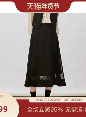 PIT双层纱裙女2025冬季新款A字长百褶裙显瘦百搭款