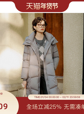 PIT复古灰色中长款羽绒服女2025冬季新款连帽显瘦百搭外套