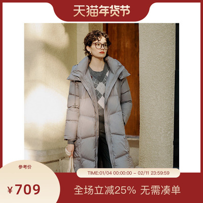PIT复古灰色中长款羽绒服女2025冬季新款连帽显瘦百搭外套