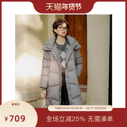 PIT复古灰色中长款羽绒服女2025冬季新款连帽显瘦百搭外套