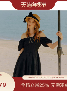 PIT法式复古一字领花苞袖吊带连衣裙女2025夏新款甜辣透气中长裙