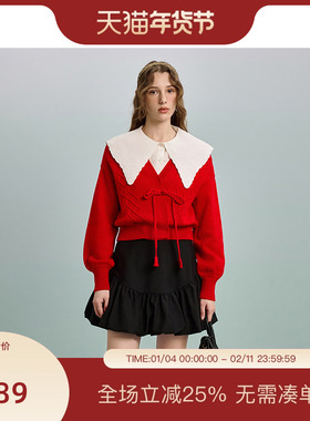 【商场同款-明星款】PIT复古圣诞红毛衣开衫女2025春装新款短外套