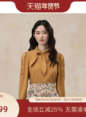 PIT纯色立领镂空领结长袖衬衫女2025冬休闲商务职业内搭上衣