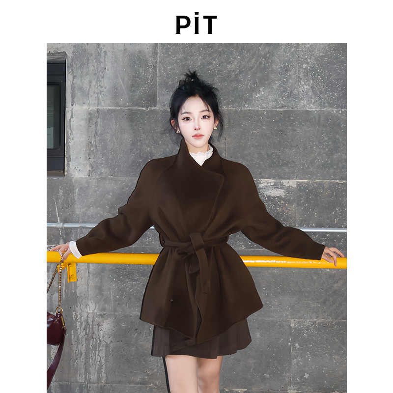 PIT复古咖色100%绵羊毛呢大衣女2025秋季新款显瘦百搭外套