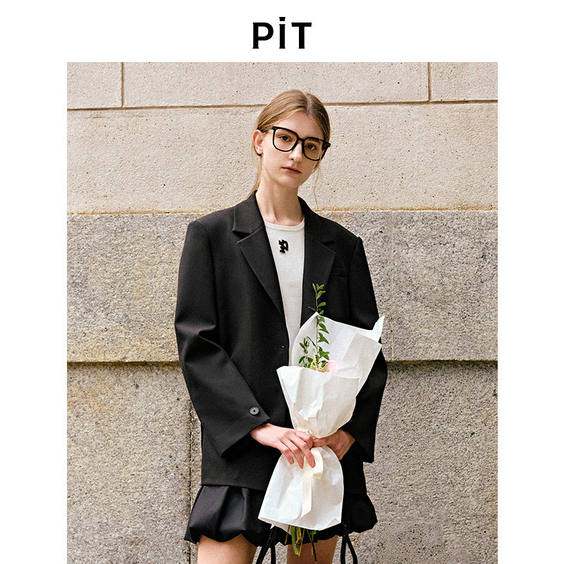 PIT黑色经典百搭西装外套女2025冬季新款百搭中长款外套