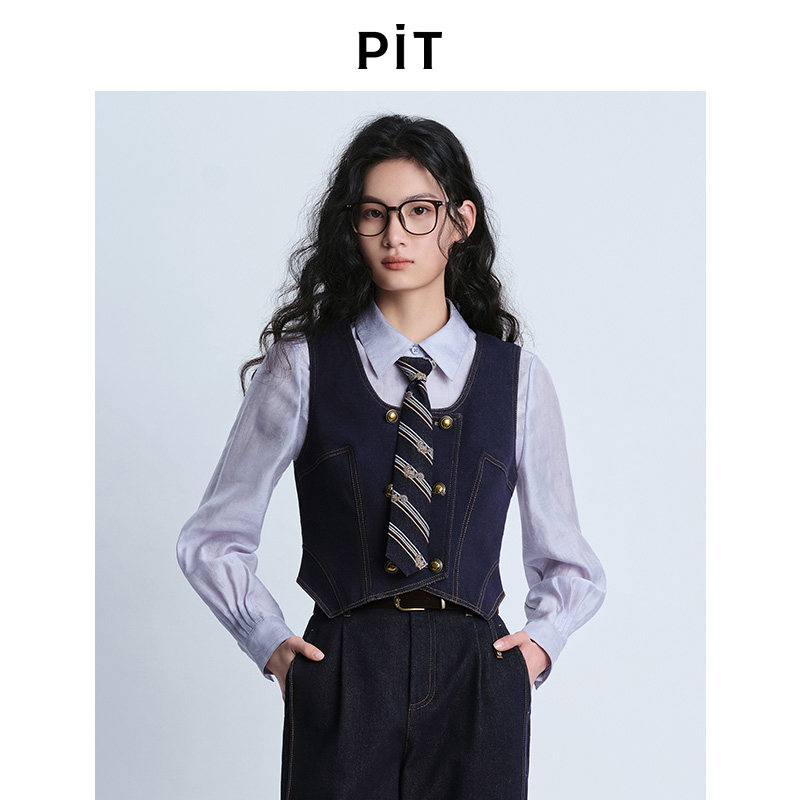 PIT复古牛仔短款马甲女2026秋季新款U型领双排扣设计感外搭上衣