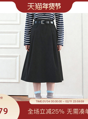PIT复古黑色中长款半身裙2026春季新款A字百搭高腰显瘦