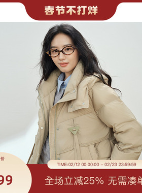 PIT复古90白鸭绒短款连帽羽绒服女2025冬季新款简约加厚保暖外套