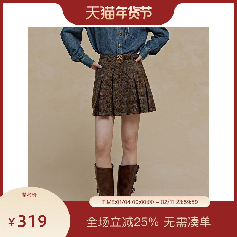 PIT复古咖色格纹绵羊毛百褶半身裙高腰显瘦2025秋季新款百搭,女装/女士精品,半身裙,淘宝优惠券,粉丝福利购,淘宝优惠卷