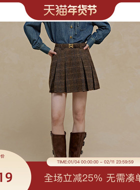 PIT复古咖色格纹绵羊毛百褶半身裙高腰显瘦2025春季新款百搭
