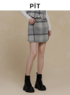 PIT100%绵羊毛半身短裙2025秋季新款格纹百搭显瘦高腰裙