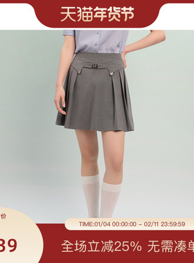 PIT复古灰色高腰半身裙女2025春季新款学院风百搭半裙百褶裙