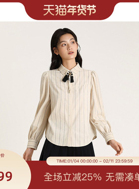 PIT复古竖条纹显瘦衬衫女2025春季新款领结上衣别致衬衣