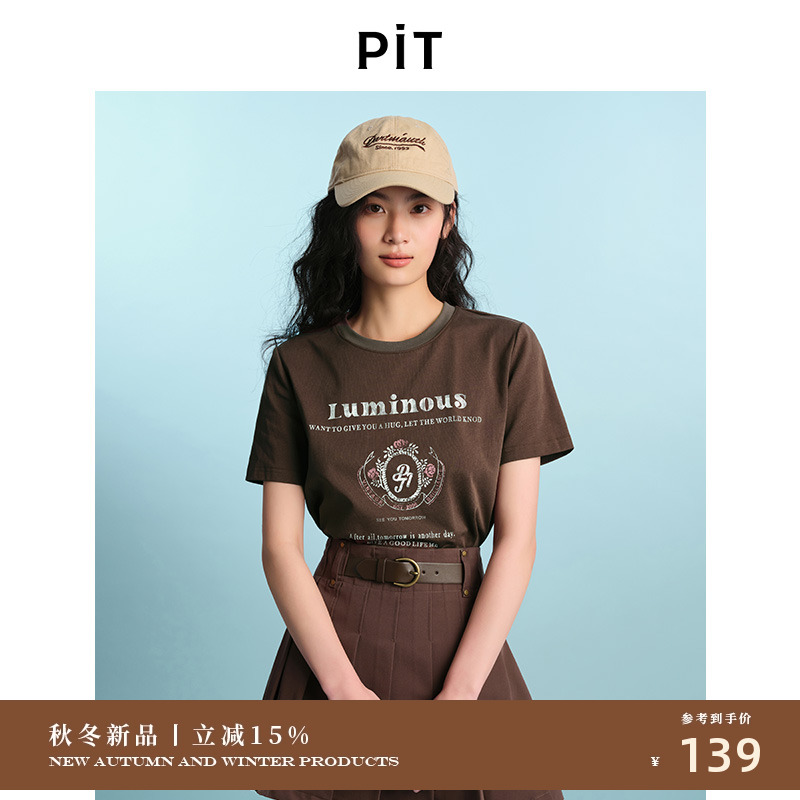 PIT圆领100%纯棉字母印花短袖T恤女2025夏舒适透气休闲半袖上衣