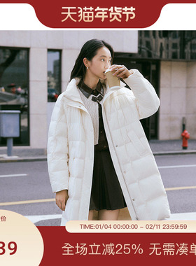 PIT中长款白色鸭绒羽绒服女无帽围巾2025冬季新款保暖外套