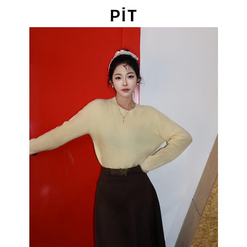 PIT马卡龙色长袖绵羊毛针织衫女2025秋季新款百搭显瘦毛衣上衣