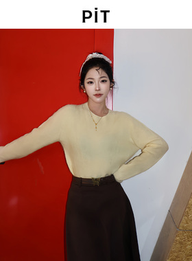 PIT马卡龙色长袖绵羊毛针织衫女2025秋季新款百搭显瘦毛衣上衣