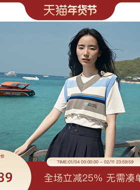 PIT拼色圆领针织拼接两件套短袖T恤女2025春新款学院风半袖上衣