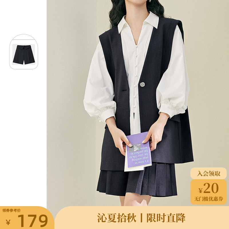 PIT纯色翻边百褶直筒裙裤女2025夏新款简约休闲透气阔腿西装短裤