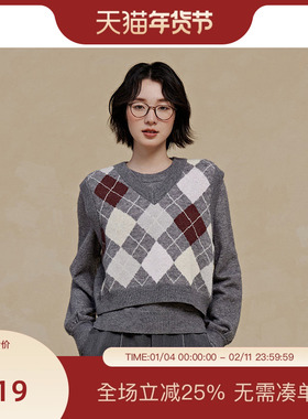 【博主同款】PIT复古菱形毛针织衫两件套女2025冬季背心毛衣上衣