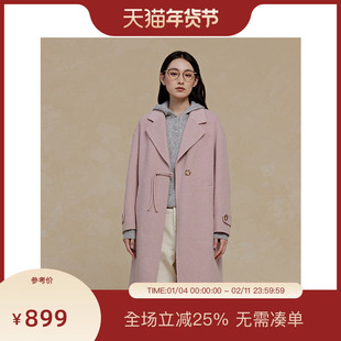 PIT绵羊毛呢外套中长款大衣女2025春季新款桑蚕丝落肩上衣