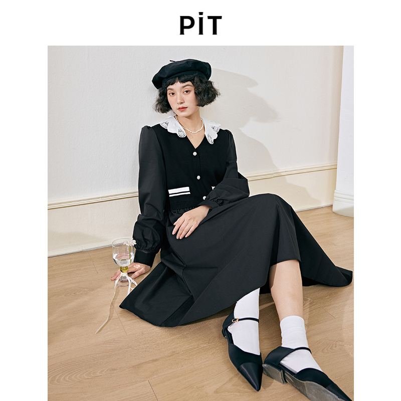 【 芭蕾舞会】PIT复古气质优雅简约显瘦连衣裙女2025秋新款小黑裙