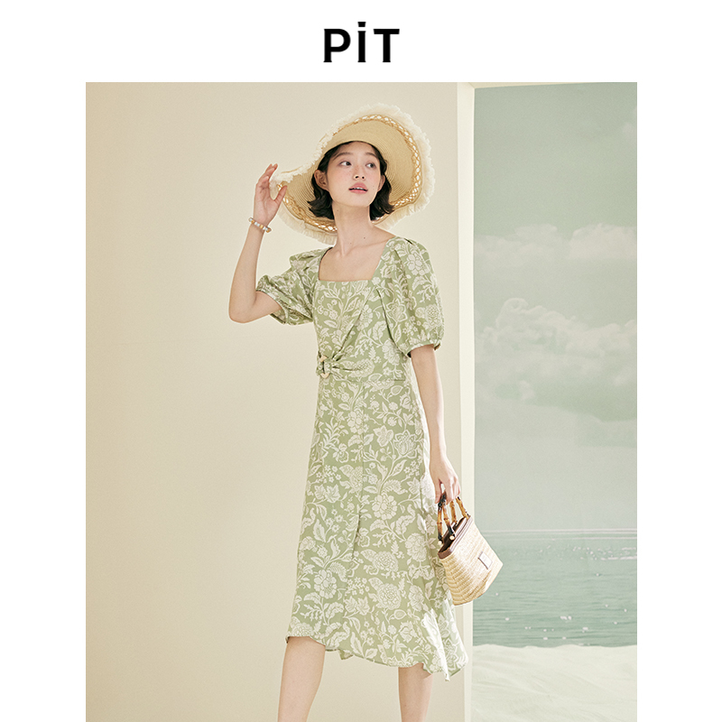 PIT复古方领一字领短袖泡泡袖碎花A字连衣裙女2025春新款气质长裙